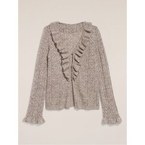 Old Navy x Anna Sui Ruffle Cardigan Sweater Wool V-Neck Long-Sleeves Taupe Brown
